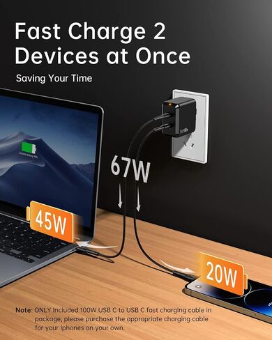 شاحن SELORE USB C، كتلة شاحن سريع 67 وات ومنفذين GaN، شاحن حائط مدمج قابل للطي مع كابل شاحن 100 وات من النوع C لأجهزة MacBook Pro/Air، iPhone 15 14، Apple Watch، iPad Pro، Galaxy S23، Pixel إلخ in Kuwait