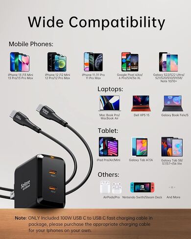 شاحن SELORE USB C، كتلة شاحن سريع 67 وات ومنفذين GaN، شاحن حائط مدمج قابل للطي مع كابل شاحن 100 وات من النوع C لأجهزة MacBook Pro/Air، iPhone 15 14، Apple Watch، iPad Pro، Galaxy S23، Pixel إلخ in Kuwait
