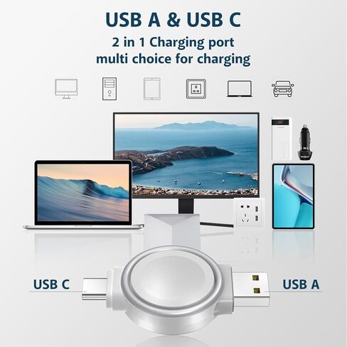شاحن محمول لساعة Apple، شاحن iWatch 2 في 1 لاسلكي مغناطيسي USB C وUSB A شاحن سفر لاسلكي سريع الشحن متوافق مع iWatch Ultra/Series 9/8/7/6/SE/SE2/5/4/3/2/1 (رمادي) in Kuwait