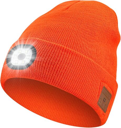 Bluetooth Hat with Light, Unisex USB Rechargeable 6 LED Headlamp Beanie Cap with Headphones Winter Lighted Beanie for Outdoor Sports Orange in Saudi Arabia