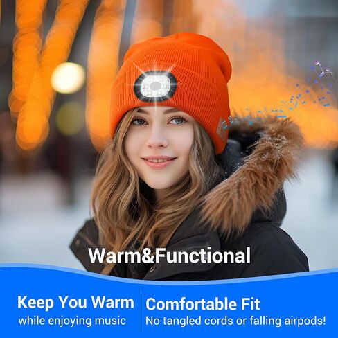 Bluetooth Hat with Light, Unisex USB Rechargeable 6 LED Headlamp Beanie Cap with Headphones Winter Lighted Beanie for Outdoor Sports Orange in Saudi Arabia