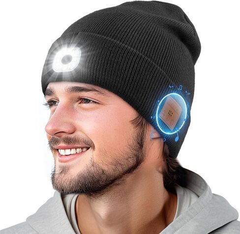 Bluetooth Hat with Light, Unisex USB Rechargeable 6 LED Headlamp Beanie Cap with Headphones Winter Lighted Beanie for Outdoor Sports Orange in Saudi Arabia