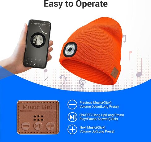 Bluetooth Hat with Light, Unisex USB Rechargeable 6 LED Headlamp Beanie Cap with Headphones Winter Lighted Beanie for Outdoor Sports Orange in Saudi Arabia