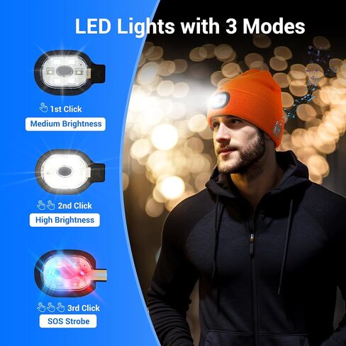 Bluetooth Hat with Light, Unisex USB Rechargeable 6 LED Headlamp Beanie Cap with Headphones Winter Lighted Beanie for Outdoor Sports Orange in Saudi Arabia