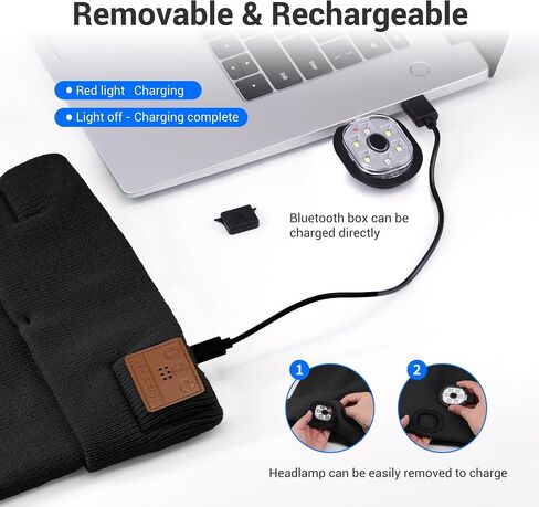 Bluetooth Hat with Light, Unisex USB Rechargeable 6 LED Headlamp Beanie Cap with Headphones Winter Lighted Beanie for Outdoor Sports Orange in Saudi Arabia