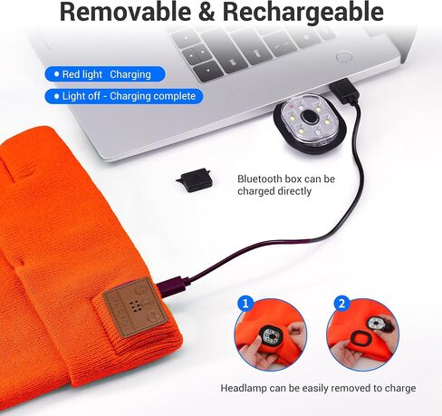 Bluetooth Hat with Light, Unisex USB Rechargeable 6 LED Headlamp Beanie Cap with Headphones Winter Lighted Beanie for Outdoor Sports Orange in Saudi Arabia