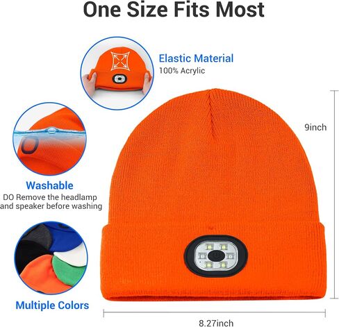 Bluetooth Hat with Light, Unisex USB Rechargeable 6 LED Headlamp Beanie Cap with Headphones Winter Lighted Beanie for Outdoor Sports Orange in Saudi Arabia