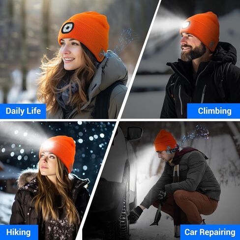 Bluetooth Hat with Light, Unisex USB Rechargeable 6 LED Headlamp Beanie Cap with Headphones Winter Lighted Beanie for Outdoor Sports Orange in Saudi Arabia