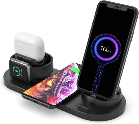 شحن سريع للطاولة 6 في 1 حامل دوار شاحن لاسلكي عالمي لهواتف iPhone التي تدعم QI وسماعات iWatches (أسود) in Saudi Arabia