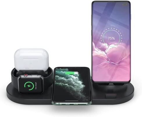 شحن سريع للطاولة 6 في 1 حامل دوار شاحن لاسلكي عالمي لهواتف iPhone التي تدعم QI وسماعات iWatches (أسود) in Saudi Arabia
