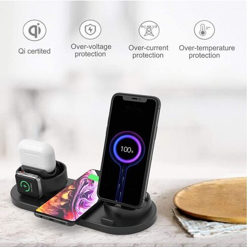 شحن سريع للطاولة 6 في 1 حامل دوار شاحن لاسلكي عالمي لهواتف iPhone التي تدعم QI وسماعات iWatches (أسود) in Saudi Arabia