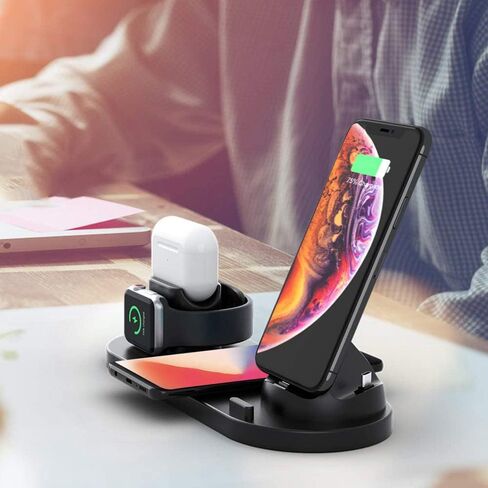 شحن سريع للطاولة 6 في 1 حامل دوار شاحن لاسلكي عالمي لهواتف iPhone التي تدعم QI وسماعات iWatches (أسود) in Saudi Arabia