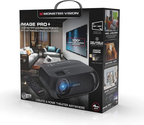 جهاز عرض Monster Image Pro 720 HD LCD فائق السطوع، 2000 لومن، مشاريع تصل إلى 16 قدمًا، الدقة القصوى: 1080 HD، دعم عالمي للصور/الصوت/الفيديو، مدخل AV/USB/HDMI/SD in Kuwait