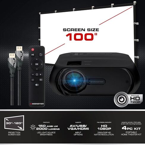 جهاز عرض Monster Image Pro 720 HD LCD فائق السطوع، 2000 لومن، مشاريع تصل إلى 16 قدمًا، الدقة القصوى: 1080 HD، دعم عالمي للصور/الصوت/الفيديو، مدخل AV/USB/HDMI/SD in Kuwait