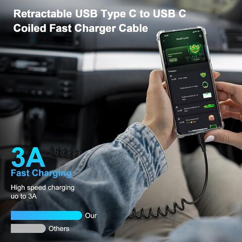 Samsung A15 USB C Cable for Car for Samsung Galaxy S24 S23 Ultra FE A54 5G A14 A13 A53 A03s A23 Z Flip5 S21FE,Google Pixel 8Pro 7a 6,iPhone 15,3FT Retractable Coiled USB C to Type C Fast Charging Cord in Saudi Arabia
