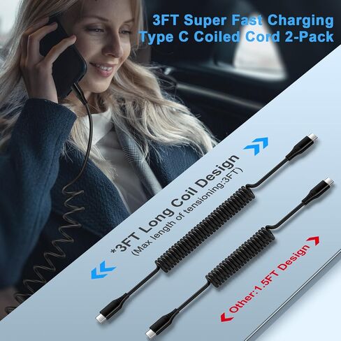 Samsung A15 USB C Cable for Car for Samsung Galaxy S24 S23 Ultra FE A54 5G A14 A13 A53 A03s A23 Z Flip5 S21FE,Google Pixel 8Pro 7a 6,iPhone 15,3FT Retractable Coiled USB C to Type C Fast Charging Cord in Saudi Arabia