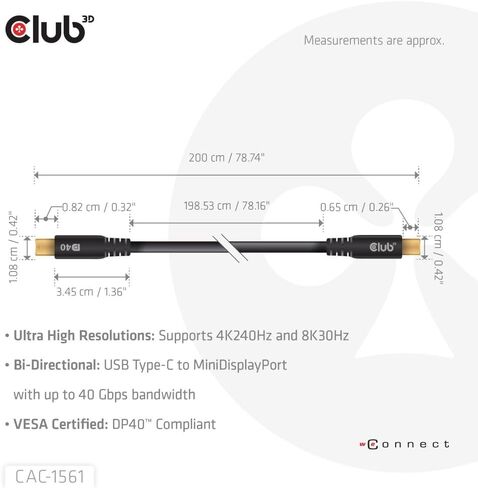 كابل Club 3D CAC-1561 USB من النوع C إلى Mini DP 2.1 كابل معتمد ثنائي الاتجاه VESA DP40 M/M 2m/6.56ft in Kuwait
