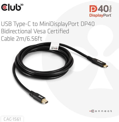 كابل Club 3D CAC-1561 USB من النوع C إلى Mini DP 2.1 كابل معتمد ثنائي الاتجاه VESA DP40 M/M 2m/6.56ft in Kuwait