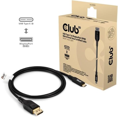 كابل Club 3D CAC-1561 USB من النوع C إلى Mini DP 2.1 كابل معتمد ثنائي الاتجاه VESA DP40 M/M 2m/6.56ft in Kuwait
