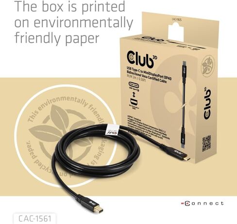 كابل Club 3D CAC-1561 USB من النوع C إلى Mini DP 2.1 كابل معتمد ثنائي الاتجاه VESA DP40 M/M 2m/6.56ft in Kuwait