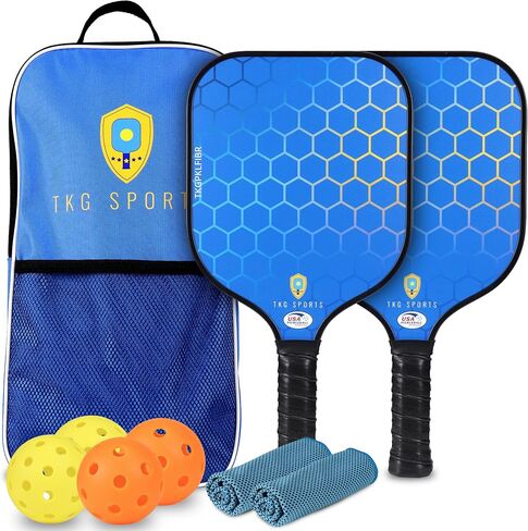 TKG Sports 14mm Carbon Fiber Pickleball Set with Bag - 2 USAPA Pickleball Paddles, 2 Indoor and 2 Outdoor Pickleball Balls, 2 Cooling Towels - Pickleball Rackets for Adults and Teens in Saudi Arabia