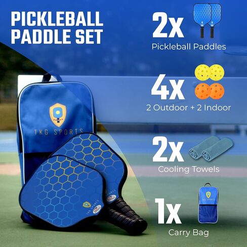 TKG Sports 14mm Carbon Fiber Pickleball Set with Bag - 2 USAPA Pickleball Paddles, 2 Indoor and 2 Outdoor Pickleball Balls, 2 Cooling Towels - Pickleball Rackets for Adults and Teens in Saudi Arabia