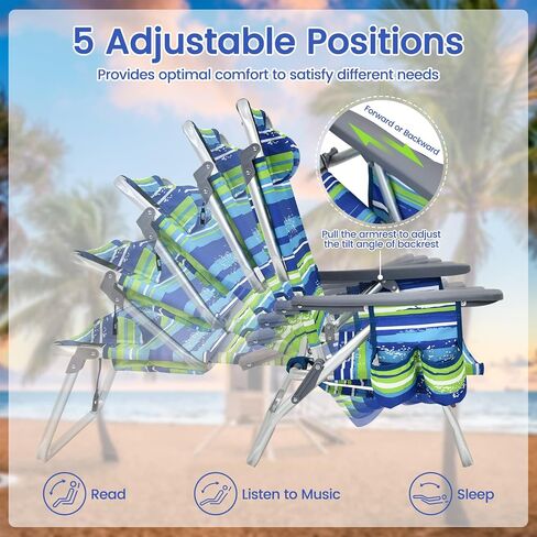 Tangkula Backpack Beach Chair with Table, 5-Position Lay Flat Beach Chairs with Cooler Bag, 2 Cup Holders, Towel Bar, Lightweight Low Folding Beach Chair with Backpack Straps in Kuwait