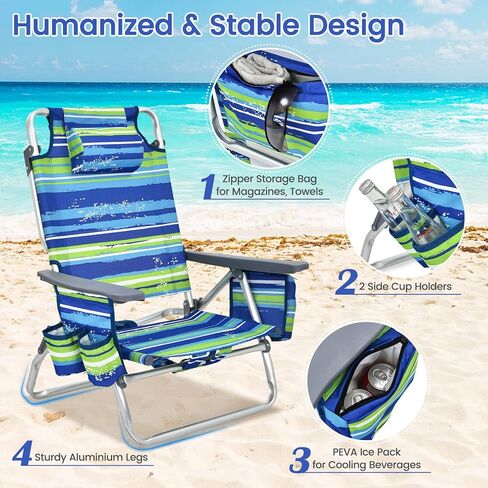 Tangkula Backpack Beach Chair with Table, 5-Position Lay Flat Beach Chairs with Cooler Bag, 2 Cup Holders, Towel Bar, Lightweight Low Folding Beach Chair with Backpack Straps in Kuwait