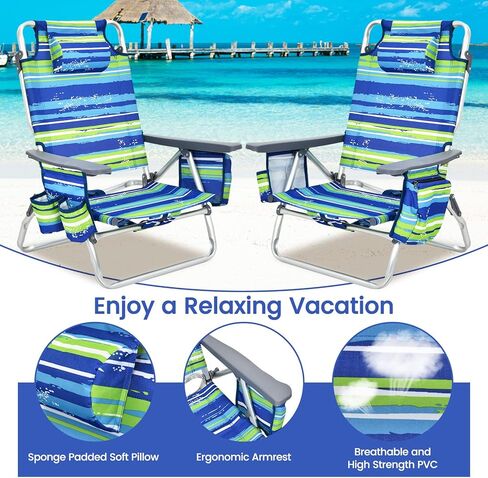 Tangkula Backpack Beach Chair with Table, 5-Position Lay Flat Beach Chairs with Cooler Bag, 2 Cup Holders, Towel Bar, Lightweight Low Folding Beach Chair with Backpack Straps in Kuwait