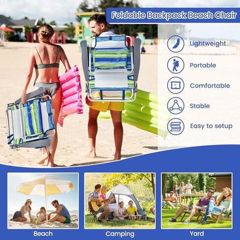 Tangkula Backpack Beach Chair with Table, 5-Position Lay Flat Beach Chairs with Cooler Bag, 2 Cup Holders, Towel Bar, Lightweight Low Folding Beach Chair with Backpack Straps in Kuwait
