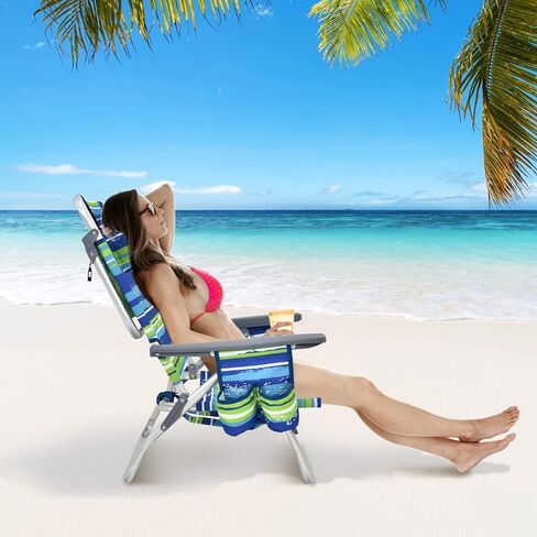 Tangkula Backpack Beach Chair with Table, 5-Position Lay Flat Beach Chairs with Cooler Bag, 2 Cup Holders, Towel Bar, Lightweight Low Folding Beach Chair with Backpack Straps in Kuwait