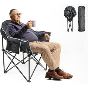 ABORON Oversized Camping Chair, Outdoor Chairs with Side Pocket, Heavy Duty Outside Couch, Folding Cotton Padded Chair Seat for Sports, Patio (Heated Chair, Black)