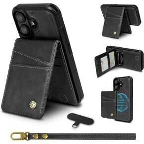 2-in-1 Detachable Card Wallet Phone Case with Wristlet Strap for iPhone 16 (6.1") with Card Holder, RFID Blocking PU Leather, Kickstand, Holds 6 Cards, MagSafe Compatible - Blue