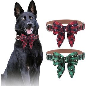2 Pack Christmas Plaid Dog Collars with Bow & Snowflake for Small Medium Large Dogs
