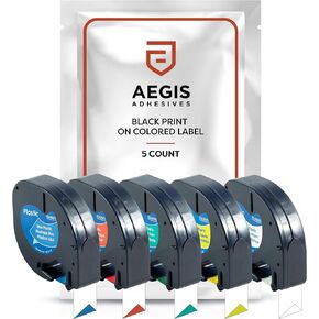 Aegis Adhesives - 5-Pack (5 Color) Label Tape Replacement for DYMO LetraTag Refills | 1/2" x 13' 12mm x 4m Black Print on Plastic Label Tape | Compatible with DYMO LetraTag LT-100H Plus Printer