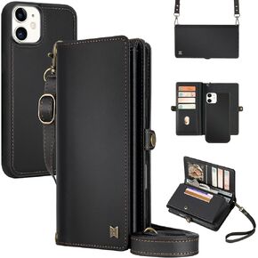 for Wallet Case Compatible with iPhone 16 Pro Max,Multi-Function Detachable 2 in 1 Magnetic iPhone 16 Pro Max Case Wallet,Flip Strap Zipper Card Holder Phone Case with Shoulder Straps (Black)