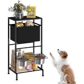 Dog Feeding Station with Dog Toy Storage Basket & 2 Stainless Steel Bowls,3 Heights Adjustable Elevated Dog Bowls from 3.9''- 7.8'',Durable Pet Feeding Station for Small,Medium,Large Dogs,Cats,Black