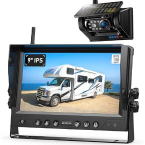 4 Magnetic Solar Wireless Backup Camera HD1080P 9" Loop Recording Monitor, Quad RV Rearview Backup Cameras Wireless System for Trailer RV Trucks, Built-in 9600mAh Solar Battery, BL904
