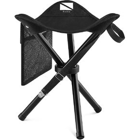 Foldable Tripod 17'' Stool - Ultra Portable Seat, Hunting Chair + a Pocket - 1 lb Camping Stool, 3 Legged Strong Steel Stool Holds up to 200 lb (Black)
