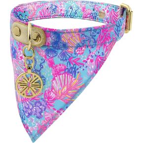 Lilly Pulitzer Adjustable Dog Bandana Collar, Cute Heavy Duty Leatherette Collar with Snap Closure and Ring for Leash/Tag, Splendor in The Sand (S/M)