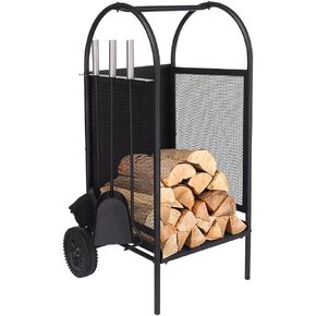 Babylon Fireplace Tools Log Rack Set with 4 Piece Tools Wrought Iron Black Fireplace Tools Firewood Holder Carrier Storage Rack with Brush Shovel Poker Tongs for Indoor Outdoor