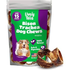 Trachea Dog Chews 15-Pack, 100% Bison Dog Treats, Natural Glucosamine & Chondroitin for Hip and Joint Support, Grain-Free, Rawhide-Free, Low-Fat Trachea for Dogs, 12 oz Bag