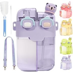 CREYJALAB Kawaii Water Bottle, 26oz Cute Water Bottle with Straw, Double Drinking Design, Leakproof, Multiple Locking, 3D-Cartoon Pattern, Portable Water Bootle for Travel, Picnic, Sport (Pink)