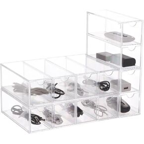 3 Pack 4-tier Clear Plastic Cable Organizer Drawer, Acrylic Sunglasses Organizers, Cable Management Box, Power Cord Storage Boxes with 30 Elastic Cable Ties