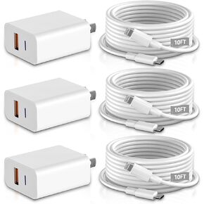[MFi Certified] iPhone Charger Fast Charging,3Pack 20W Dual Port QC + PD 3.0 Power USB C Wall Charger Block Adapter with 10FT Long USB C to Lightning Cord Compatible with iPhone14 /13/12/11Pro/XR/X/XS