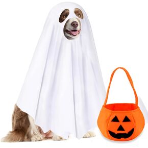 2 Pcs Halloween Dog Costumes White Ghost Costume with Non Woven Pumpkin Bags Funny Ghost Outfit for Dog Cat Ghost Cosplay Clothes, Cute Party Cape for Halloween Cosplay Party (White, Medium)