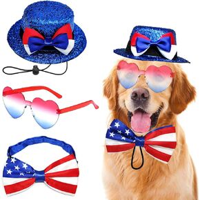 Dog Independence Day Costume 3PCS 4th July Dog Hat USA Stars Sunglasses American Flag Bow Tie Collar Medium Large Dogs Cat Patriotic Outfit Accessories (Stars Style 3PCS, USA Red Blue and White)