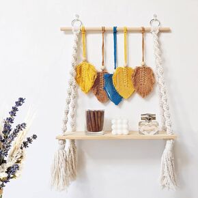 YOJO Macrame Wall Hanging Shelf,Boho Wall Plant Hanger Shelves with Handmade Woven Leaves,Wood Floating Shelf for Bedroom Living Room Apartment Home Decor