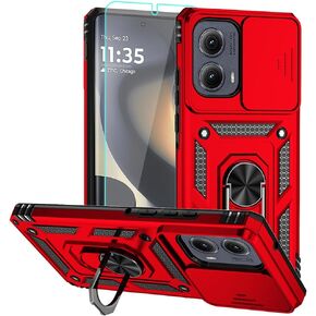 for Motorola Edge 2024 Case, Silicone Rubber Bumper Hard Plastic Phone Case with [Sliding Camera Lens Cover] [360° Rotatable Kickstand Ring] [HD Screen Protector] for Motorola Moto Edge 2024 Blue