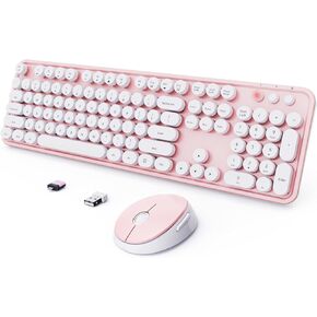 Wireless Keyboard and Mouse Combo, Ergonomic Full Size Typewriter Retro Round Keycaps Keyboard, Compatible with Windows, PC, Perfer for Home and Office Keyboards (Green